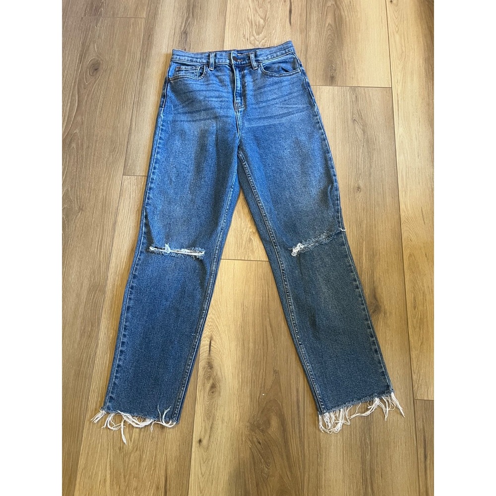 Fashion Nova Women's Distressed Straight Leg Jeans Size 9 Blue Raw Hem High Rise